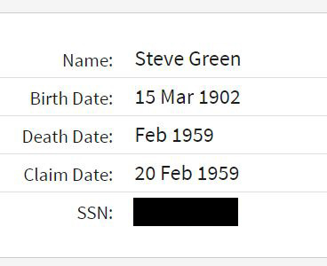 Social Security Index Record for Steave Green