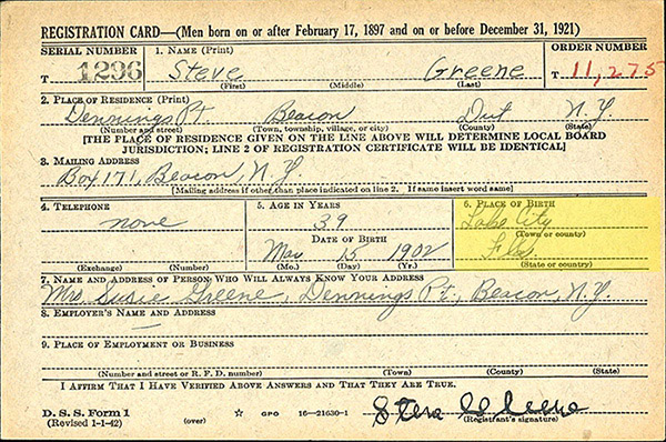 Steave's WWII Draft Registration Card
