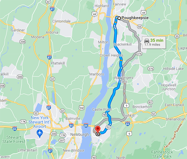 A map showing the distance between Poughkeepsie, New York and Beacon, New York