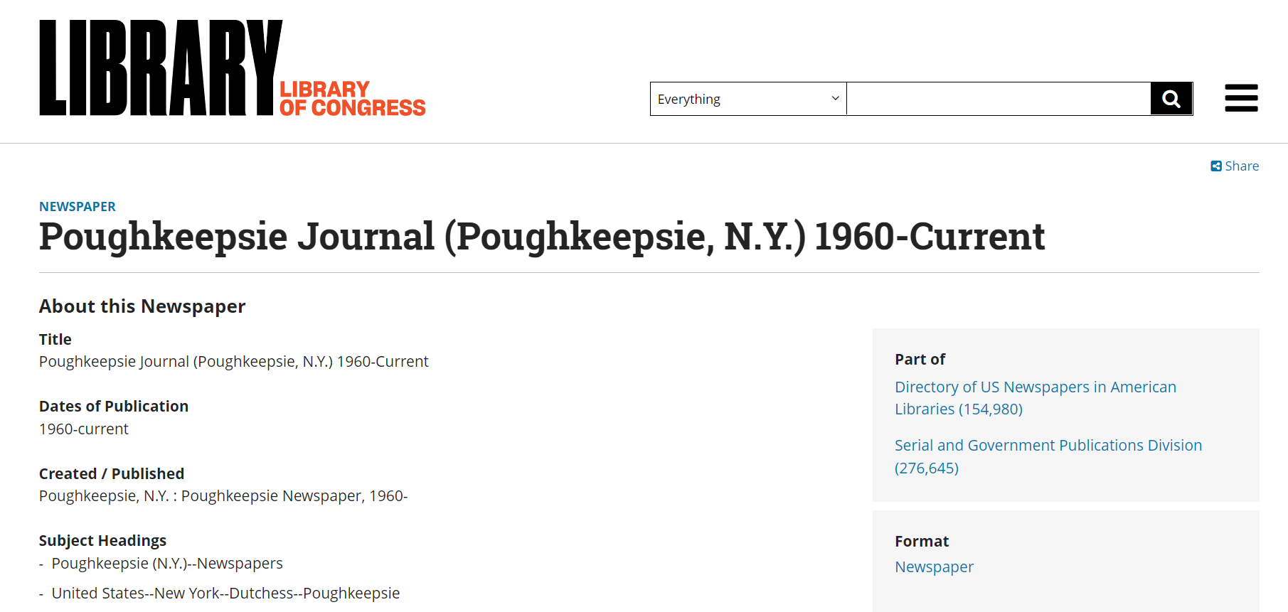 An example of a newspaper, the Poughkeepsie Journal, from the Library of Congress's "Directory of Newspapers in American Libraries" collection