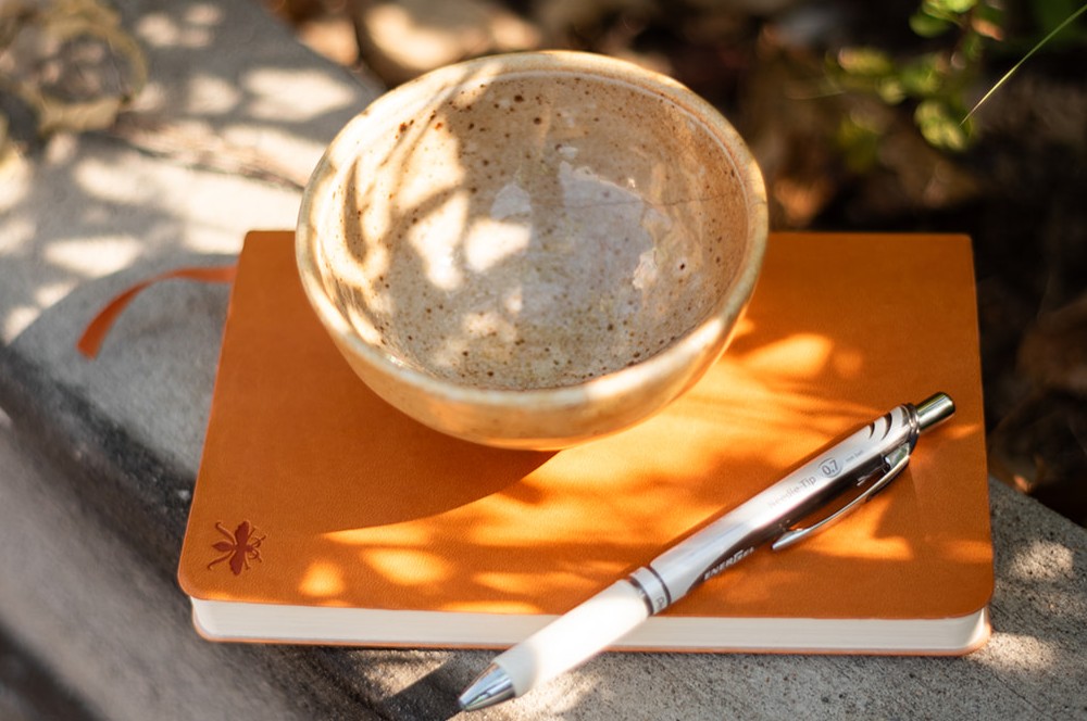 A tea bowl on top of a brown notebook, surrounded by green foilage.