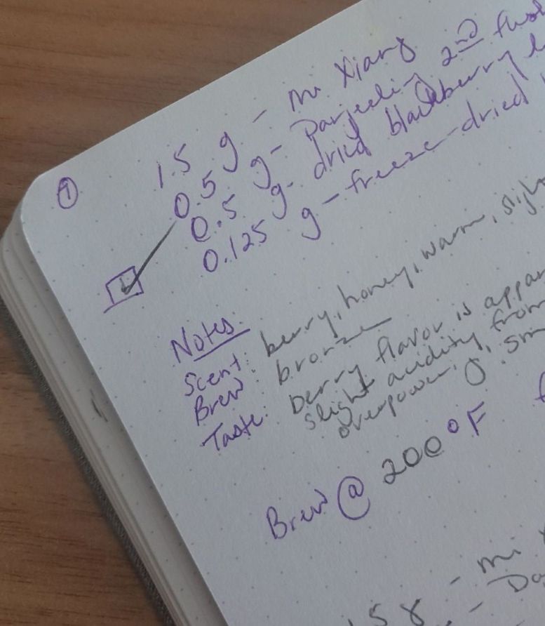 A handwritten page containing information about measurements and notes for different teas and dried ingredients.